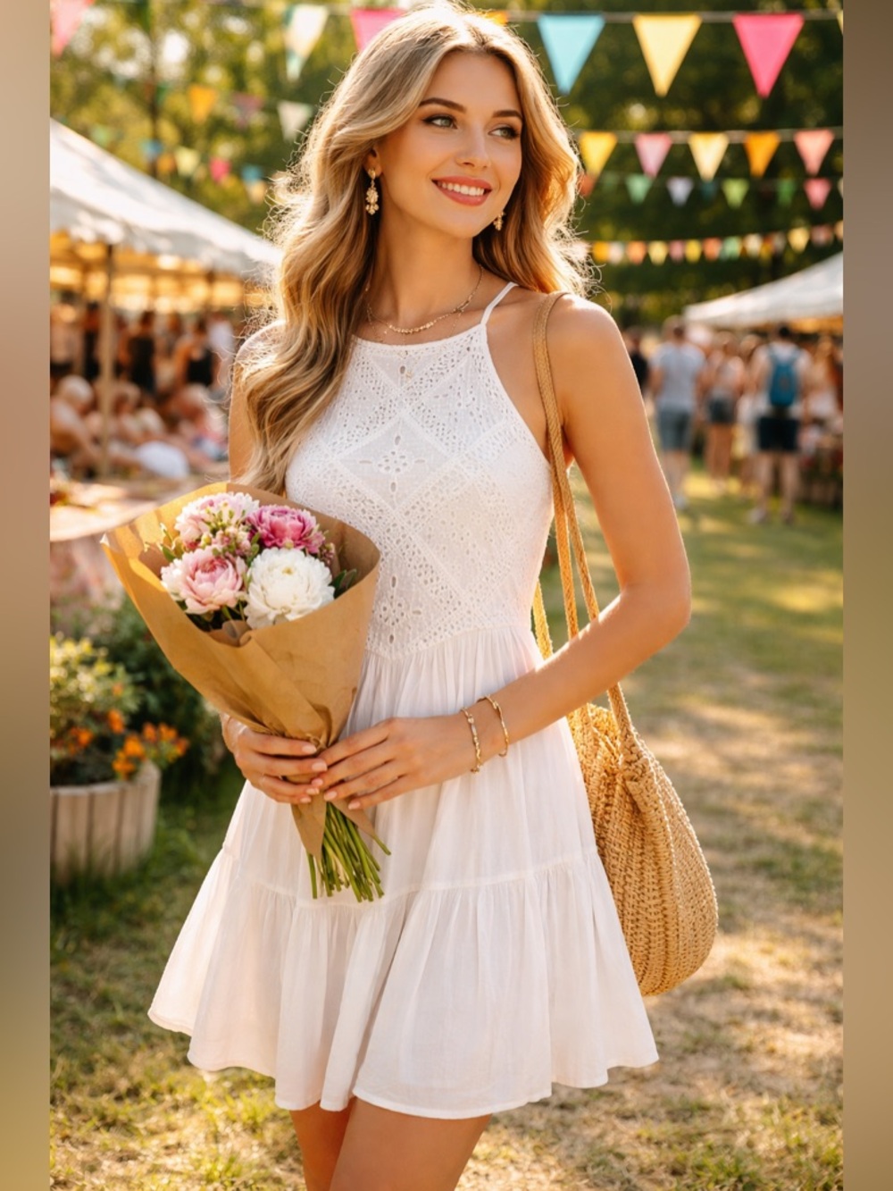 American Eagle Outfitters Small Vintage Ivory White Eyelet Tiered Boho Sundress